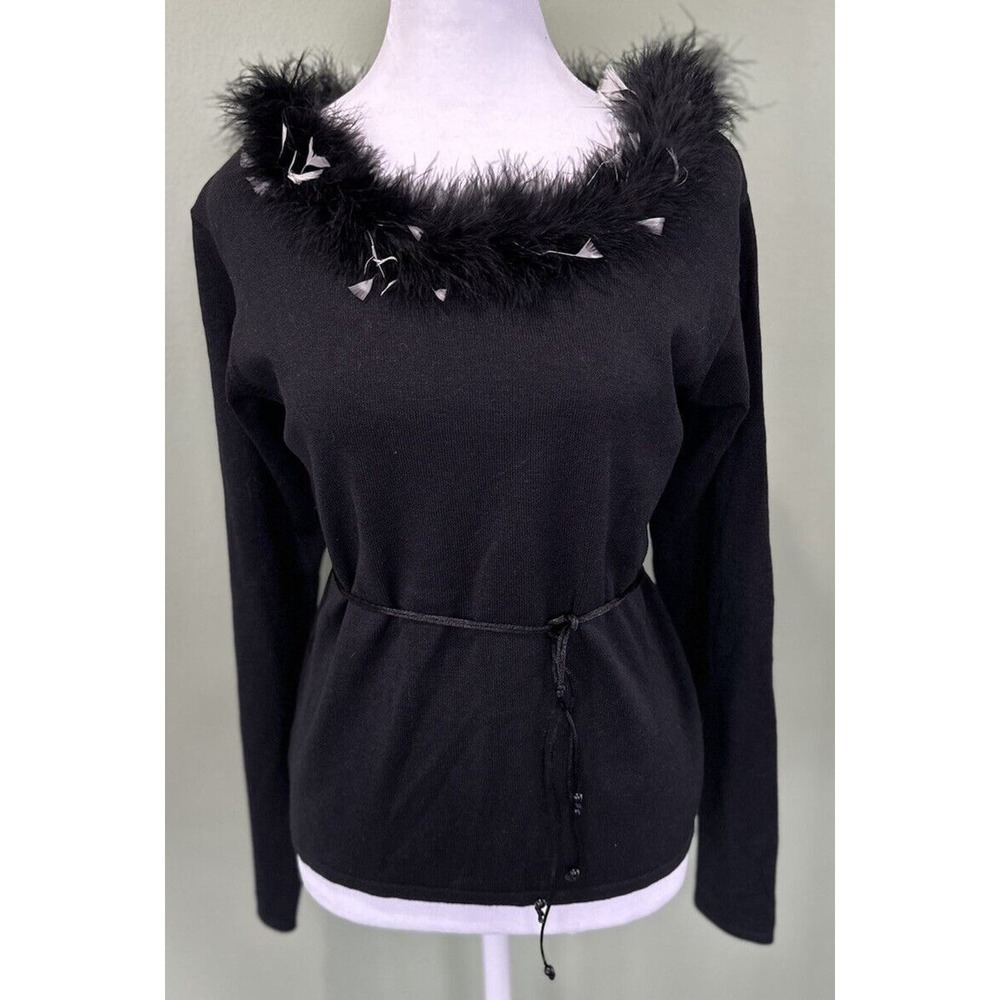 Sharon Young Sweater Silk Blend Knit Feather Trim Boho Glam Whimsy 90’s Sz M​​​